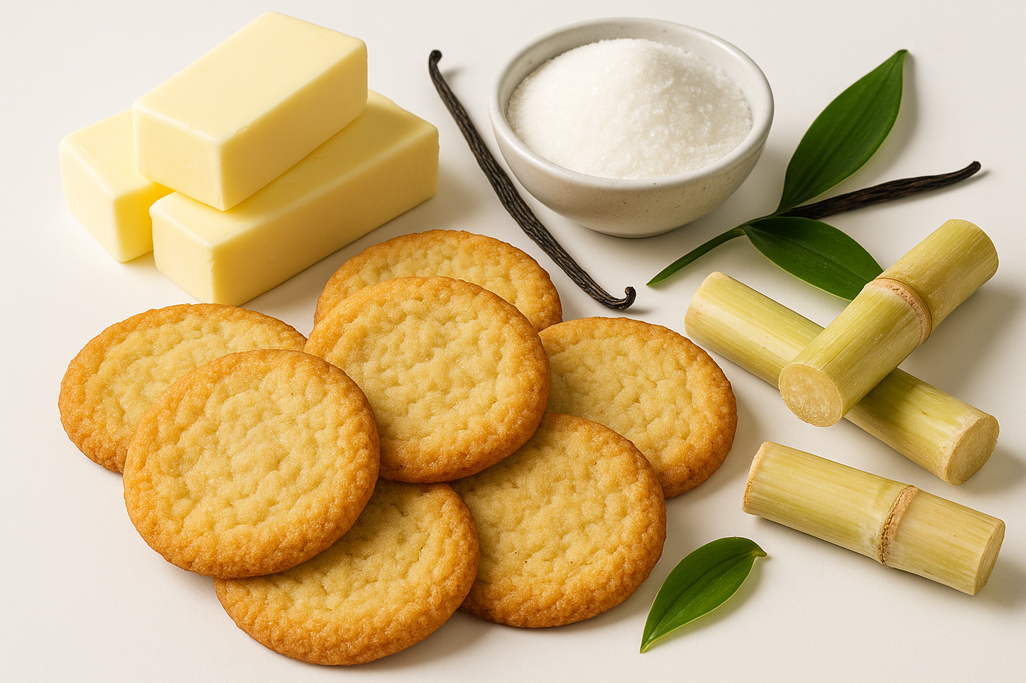 A picture of a combination of live pictures of Baked sugar cookies, butter, sugar, vanilla, vanilla leaf, sugar cane on a white background