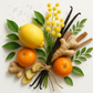 a picture of a combination of live pictures of Lemon, Mandarin, Ozone, Mimosa, Ginger, Green leaves, Vanilla beans, Wood bundled together with white background