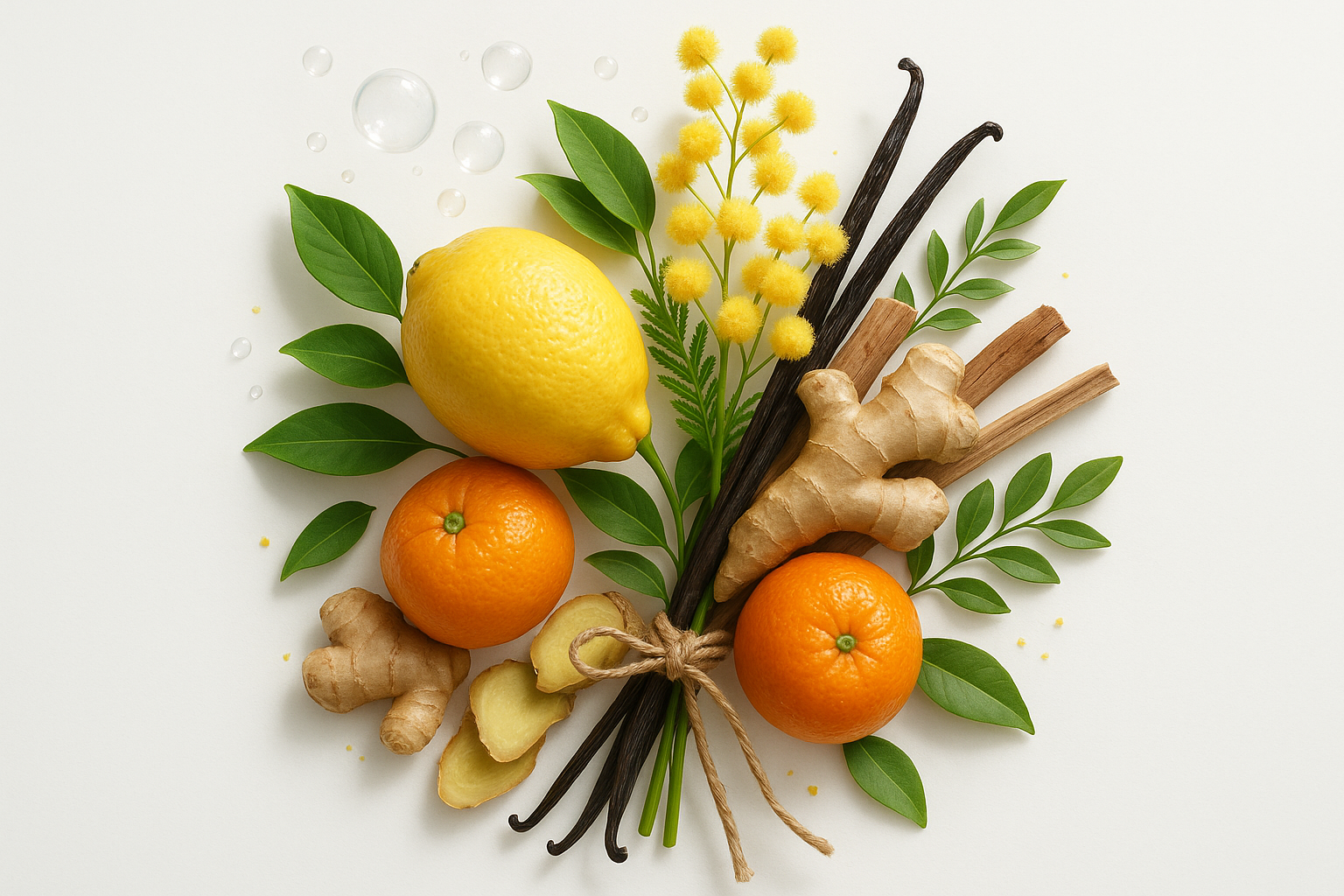 a picture of a combination of live pictures of Lemon, Mandarin, Ozone, Mimosa, Ginger, Green leaves, Vanilla beans, Wood bundled together with white background