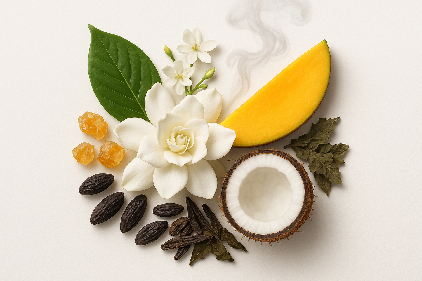 A picture of a combination of live pictures of Vanilla leaf, Gardenia, Mango slice, Jasmine flower, Amber, Light Musk smoke, Tonka Bean, coconut half, Patchouli with a white background with items bunched together 