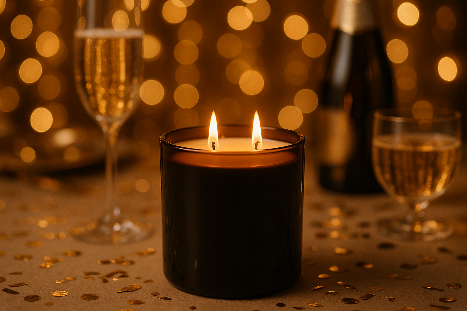 create a photo of a celebration with a black candle jar with 2 wicks in the center as the center of attention that makes people want to buy the candle